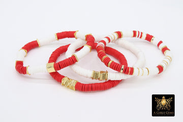 Heishi Beaded Bracelet, Red and White Square Gold Stretchy Bracelet #698